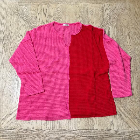 Jodifl Medium Red Pink Waffle Knit Color Block Shirt Top V-Neck - Picture 1 of 9